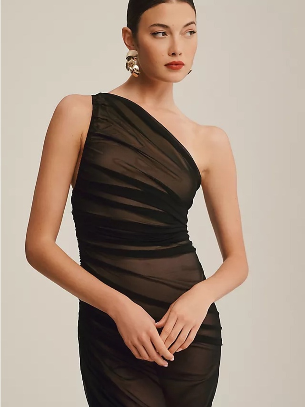 Norma Kamali Black One-Shoulder Sheer Ruched Dress